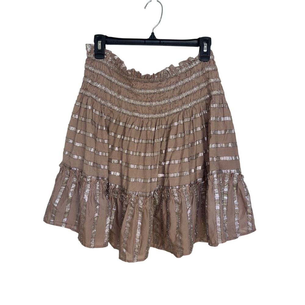 Anthropologie Current Air Metallic Striped Smocked Midi Skirt Ruffle M Boho